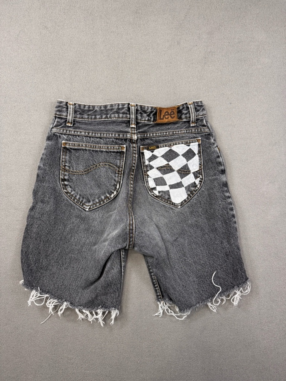 VINTAGE 90’s Lee M.R. Black Wash High Waisted Long Jeans Shorts, Frayed Hem, 26